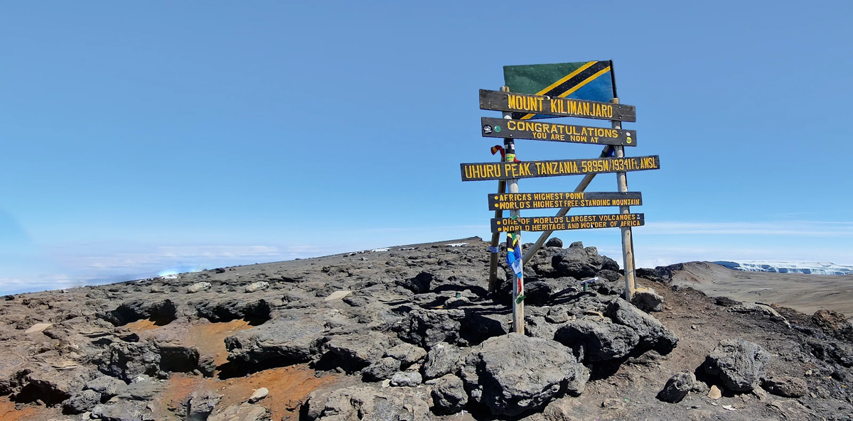 Uhuru Peak summit sign at 5895 metres